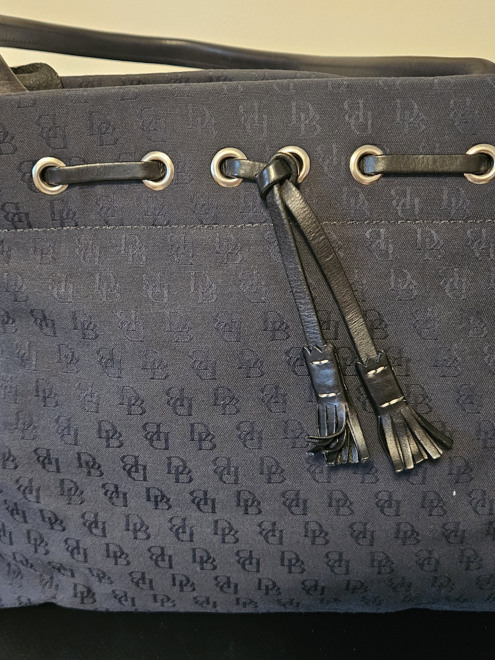 Dooney & Bourke Black On Black Monogram Drawstring Tote